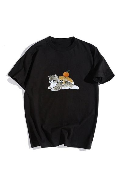 Pink Sky Μαύρο μπλουζάκι Unisex Oversize - Cats & Orange