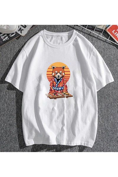 Pink Sky Μπλουζάκι Samurai Cat Sushi White Unisex Oversize