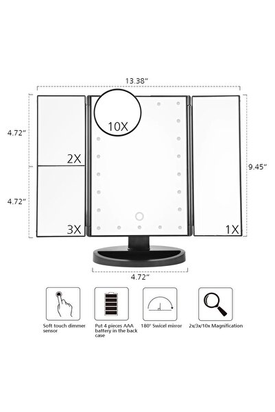 Jetcom 24 Led Işıklı Masa Üstü Profesyonel Makyaj aynası Katlanabilir 1X-2X-3X+10X HD Zoomlu Siyah