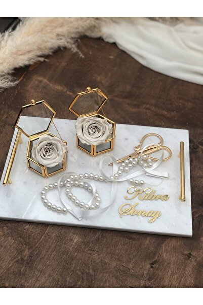 Masalsı Concept İsimli  Gerçek İnce Mermer Söz/nişan Tepsi Seti Solmayan Gül Cam Kutuda - Altın Kulp