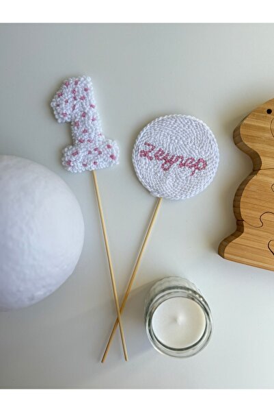TKhome Punch 2'li Pembe-Beyaz Rakam ve İsim İşlemeli Pasta Süsü Pasta Dekoru ...