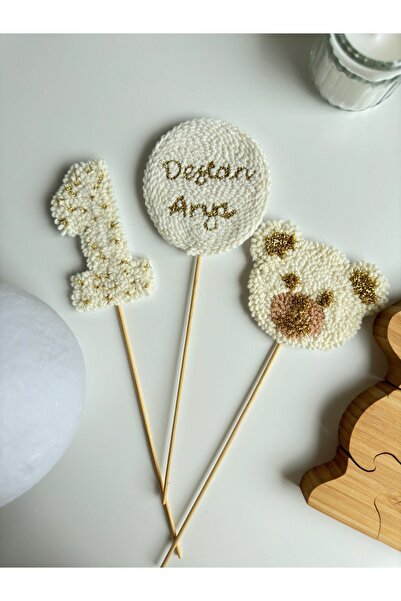 TKhome Punch 3'lü Rakam, İsim ve Ayıcık İşlemeli Pasta Süsü Pasta Dekoru - Doğum Günü Süsü