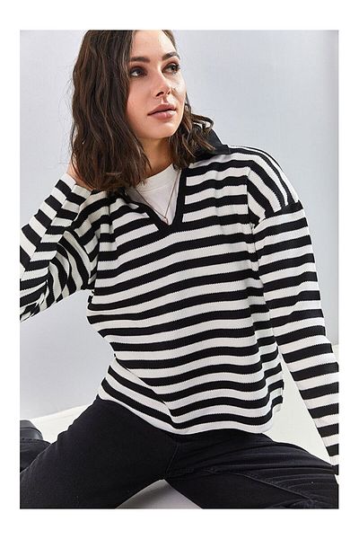 Bengi Clothing Pulover de damă cu dungi cu gât polo - mânecă lungă