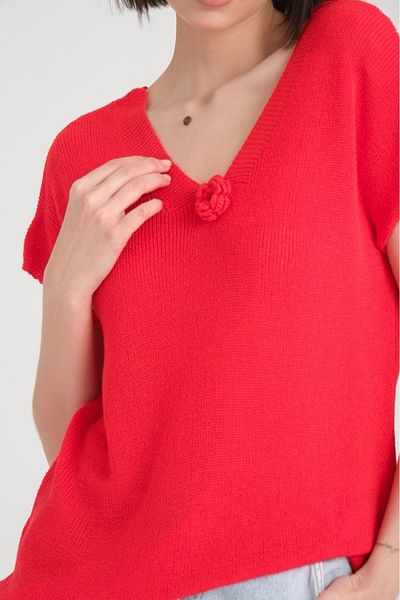 Su Moda Women's Blouse Mercerized Sweater Front and Back V Neck Rose Accessory Thin Low Sleeve Mercerized