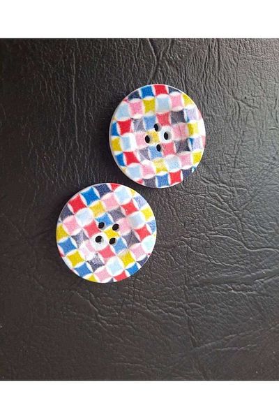 İMREN AKSESUAR Wooden Button 2.5 Cm Multicolor Printed 1 Pack 5 Pieces