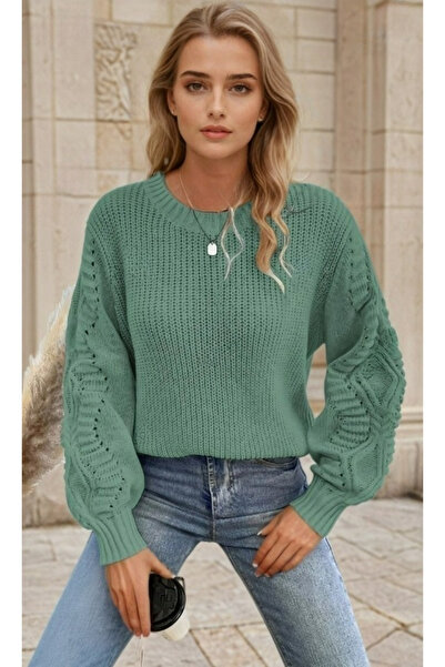 hanope Pulover de damă cu mâneci cu balon, tricotaje, tricotate, mentă