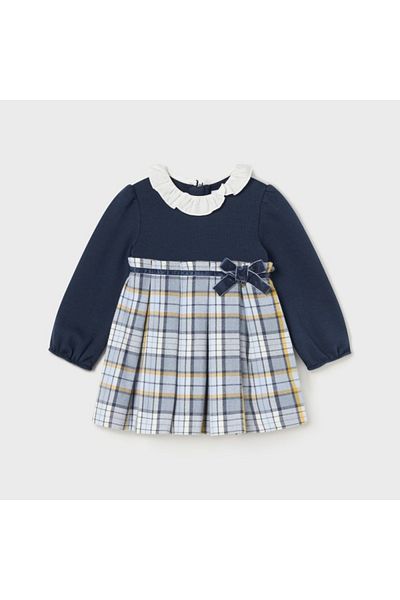 MAYORAL Navy Blue Gray Plaid Patterned Baby Girl Dress - Baby Collar L25K2910