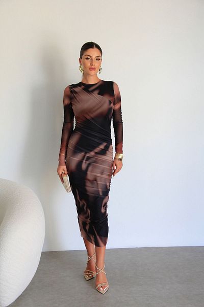 Julidress Premium φόρεμα από τούλι - Καφέ στάμπα, ντραπέ και φόδρα