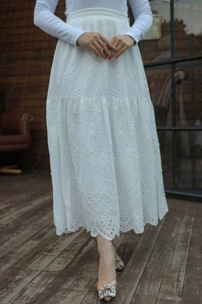 nizzell SKIRT BRODE LACE FISTO FABRIC PEARLED SKIRT WITH PEARL DETAIL LONG SKIRT