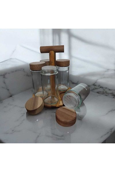 MİEN 5-Piece Acacia and Glass Spice Bowl Set - with Stand and Lid
