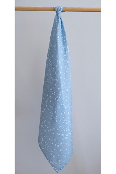 runbaby Run Baby Light Blue Star Patterned Muslin Set - 100% Cotton, 75x75cm, Pacifier Strap