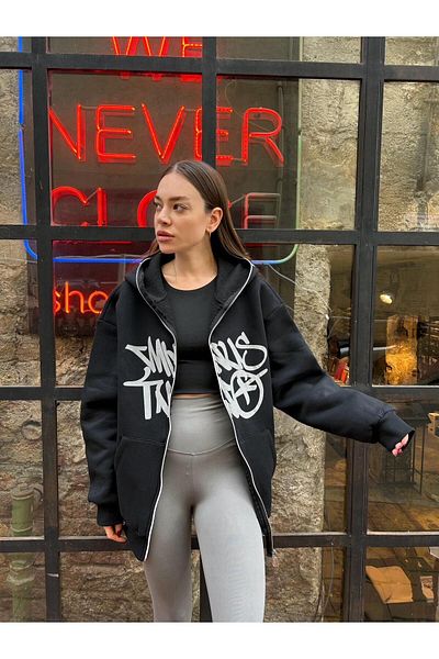 DeepWater Minus Two Detail Zippered Unisex Oversize Full Zip Printed 3 Thread Raster Hoodie Cardigan