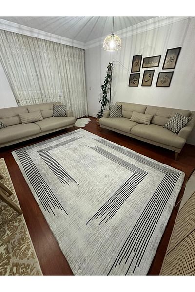 ALLGELSİN 6m2 Meter Square Washable Carpet Cover - 200x300cm, Elastic Bottom, Modern Striped