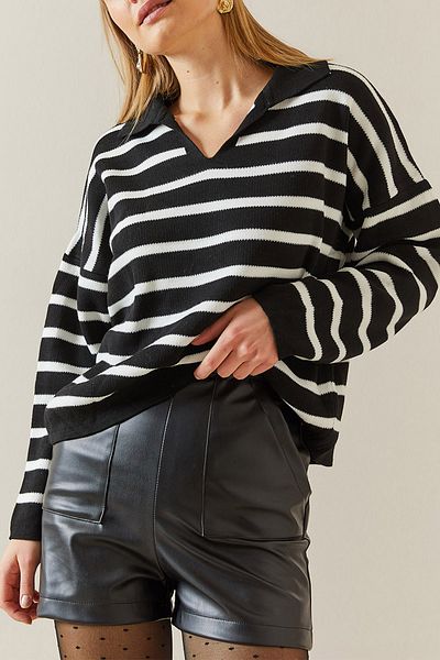 Bengi Clothing Pulover de damă cu dungi cu gât polo - mânecă lungă