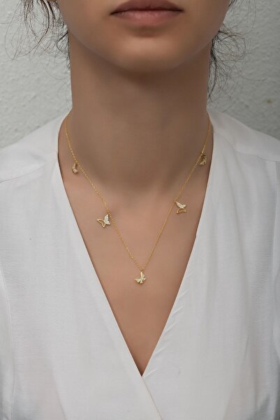 Silvano Jewelry 925 Ayar Gümüş Gold Kelebek Şans Kolye