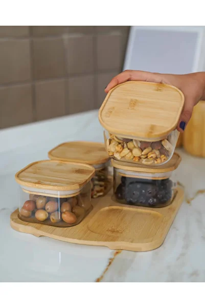KaiHome 4-Piece Glass Breakfast Bowl with Bamboo Tray and Bamboo Vacuum Lid