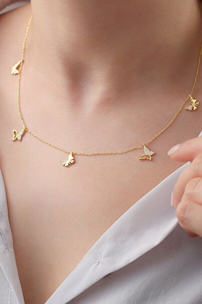 Silvano Jewelry 925 Ayar Gümüş Gold Kelebek Şans Kolye