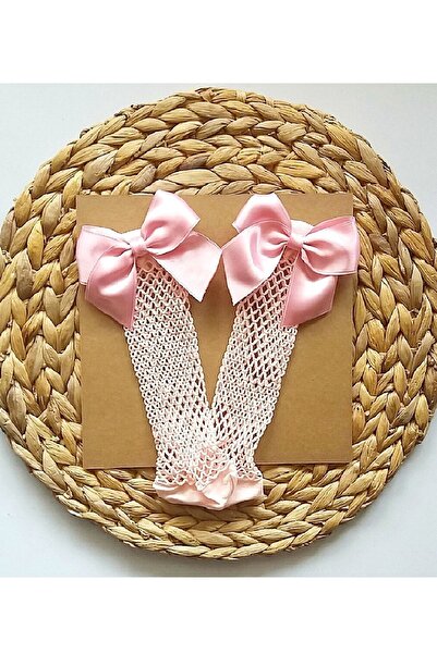 Asa Bebek Çocuk Büyük Saten Fiyonklu Kız Bebek Diz Altı File Çorap - Pembe