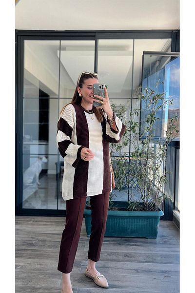 Bengi Clothing Дамска плетена рокля с дълъг ръкав и кръгло деколте на райета