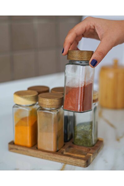 KaiHome طقم وعاء توابل مربع مكون من 6 قطع - زجاج أكاسيا مع غطاء وحامل