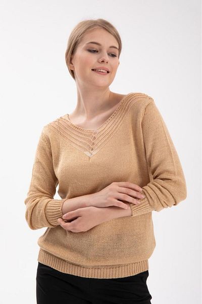 Su Moda Плетен пуловер с V деколте - ажурен детайл, гъвкав и удобен модел