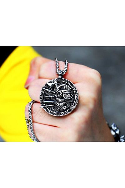 daisybydaisy Double Sided Viking Mythology Patterned Stainless Steel Thor Necklace - with Extra Chain Gift