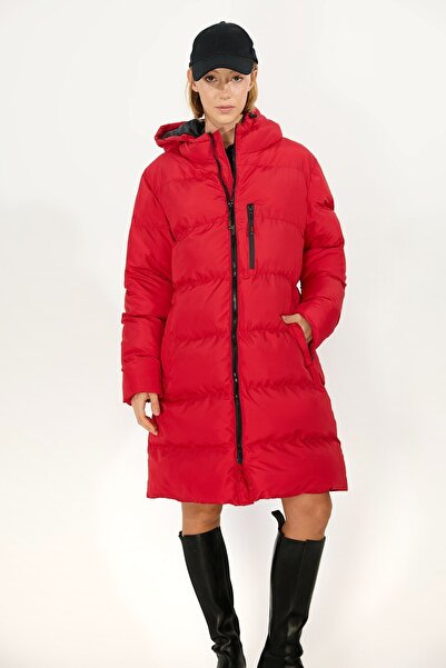 Caghla Palton puf rezistent la vânt cu glugă roșie - Palton lung parka de iarnă