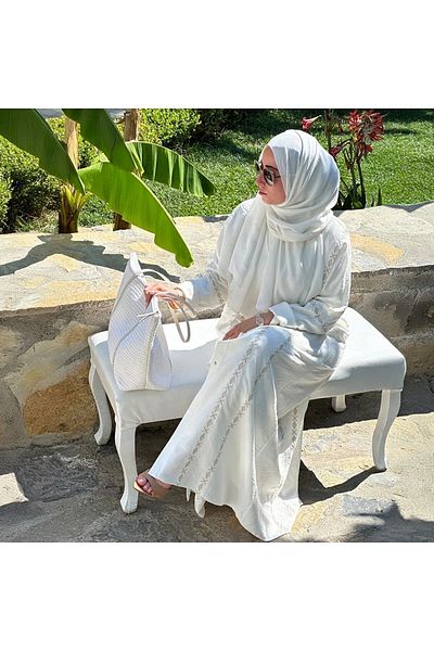 busrasdesign Hijab Boydandan White Embroidered Women's Abaya Ferace - with Shawl