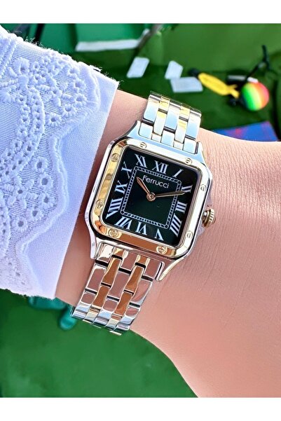 Ferrucci Kadın Gümüş Altın Çelik Kare Kasa Quartz Kol Saati - Şık Metal Kordon, Romen Rakam, Su Geçirmez