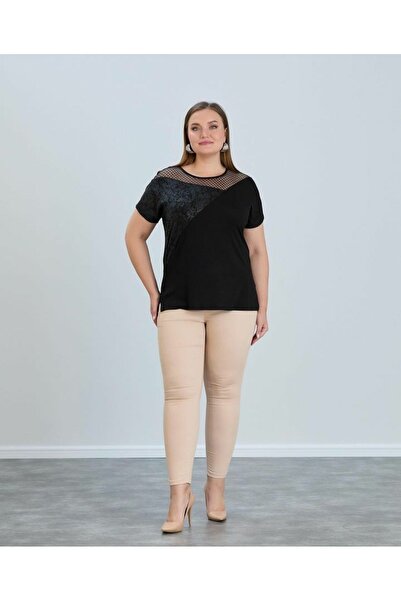 Te&Te Plus Size Leather Detailed Mesh Collar Women's Blouse