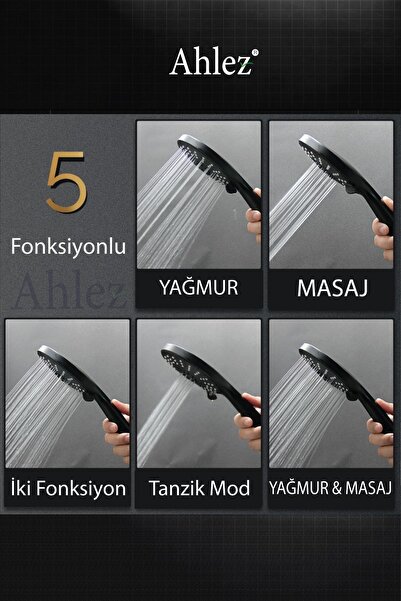 Ahlez Star 3 Fonksiyonlu Mat Siyah Geniş Yüzey Duş Başlığı