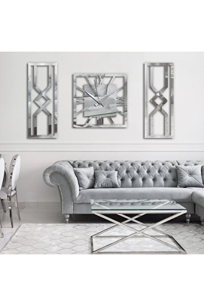 NİSANEST Dekoratif Aynalı Gümüş Renk Tablo Duvar Saati ve Dekoru 80x50 cm