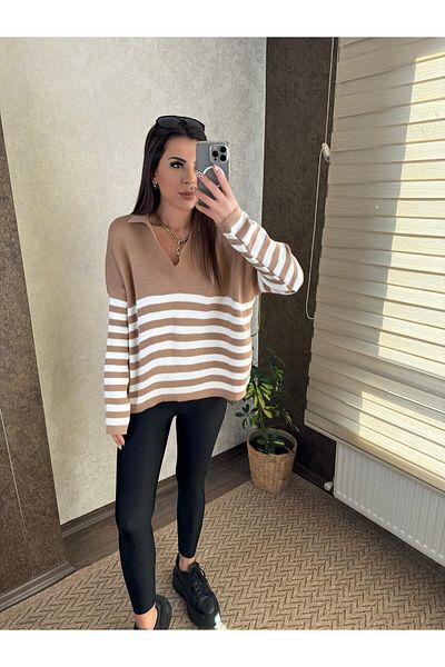 Bengi Clothing Дамски плетен пуловер с поло яка и райета