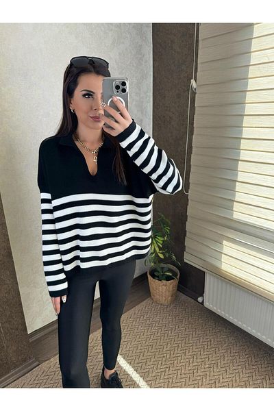 Bengi Clothing Pulover de damă cu dungi cu gât polo