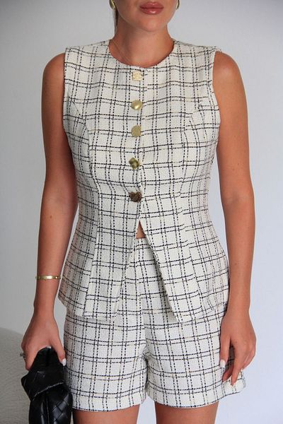 Julidress Premium Tweed Plaid Vest and Shorts Set - Ecru White Gold Button Detailed