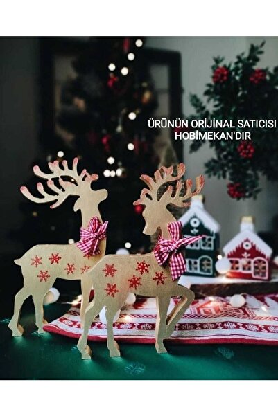 hobimekan Yılbaşı Christmas Ikili Ahşap Gold Geyik Obje Biblo