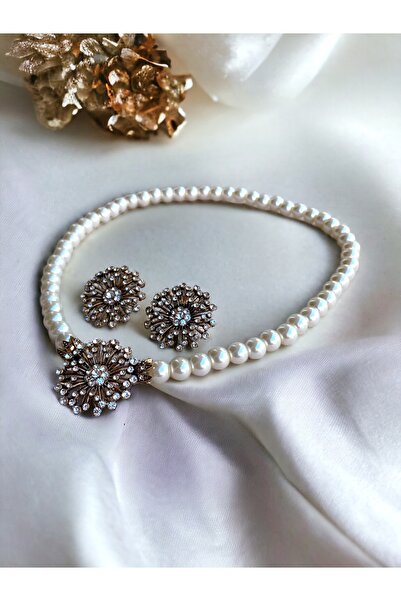 FAYRA ACCESSORIES Beyaz Kristal Taşlı Dandelion İnci Kolye ve Küpe Seti