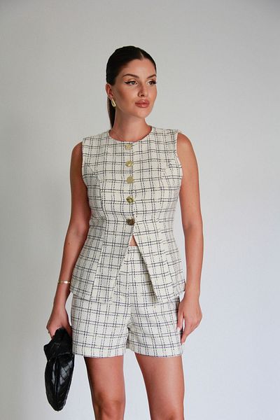 Julidress Premium Tweed Plaid Vest and Shorts Set - Ecru White Gold Button Detailed