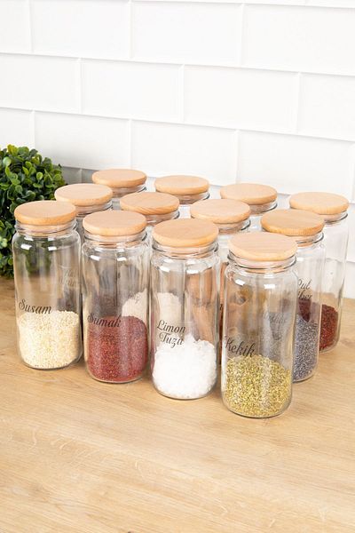 DNS HOME 12-Piece Glass Jar Set with Wooden Lid Spice Bowl Transparent Label Gift Spice Bowl Set 500 ml