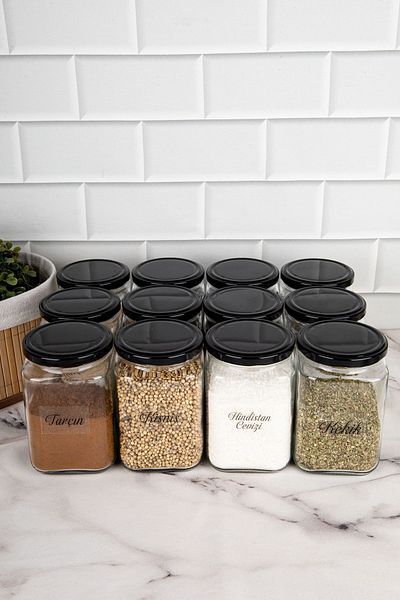 DNS HOME Set of 12 Black Jars - Metal Lid, Transparent Label, Spice Bowl 720 ml