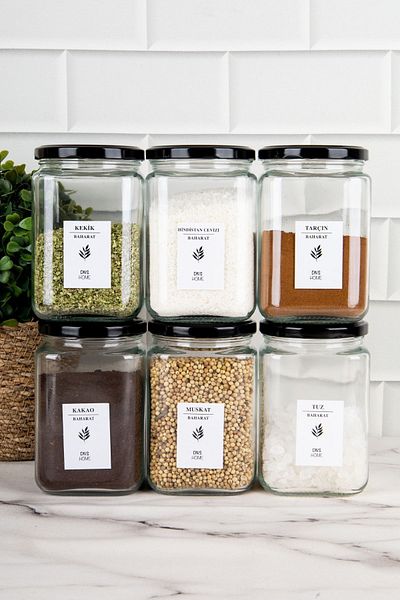 DNS HOME 6-Piece Black Metal Spice Jar Set with Lid - 720 ml Spice Jar with Label