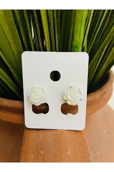1PARÇAMAVİ Pearl White Rose Compression Pinched Clip Earrings - Non-perforated Earrings