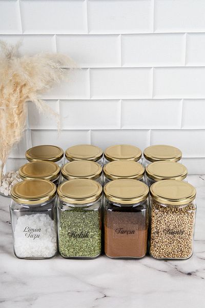DNS HOME 12-Piece Gold Metal Lid Square Glass Jar Storage Set Spice Jar Set with Transparent Label 720 ml