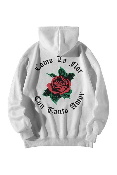 Scrovtie Women's Men's White Como La Flor Printed Oversize Hooded Kangaroo Pocket Hoodie