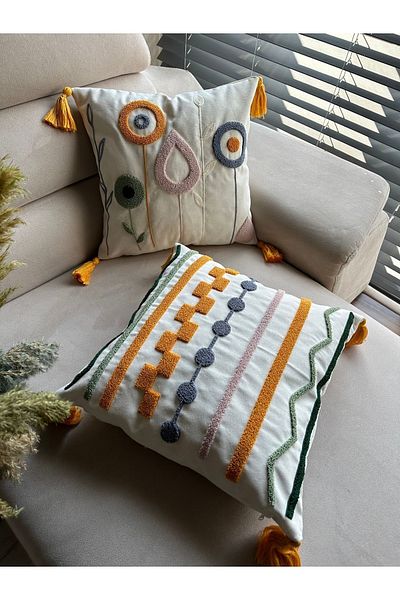 en gözde home Punch Embroidered 2 Pieces Throw Pillow Cover
