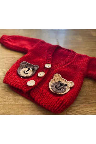 El örgüsü Hand Knitted Cardigan with Bear for Baby Boy and Child