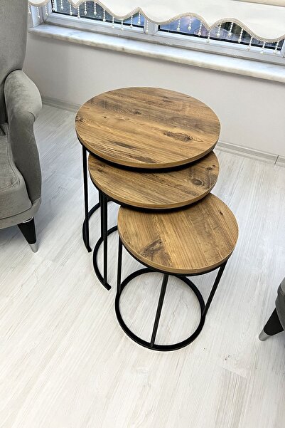 MLN HOME Üçlü Zigon Sehpa Takımı, Zigon Sehpa Seti, Ceviz Rengi Üçlü Sehpa