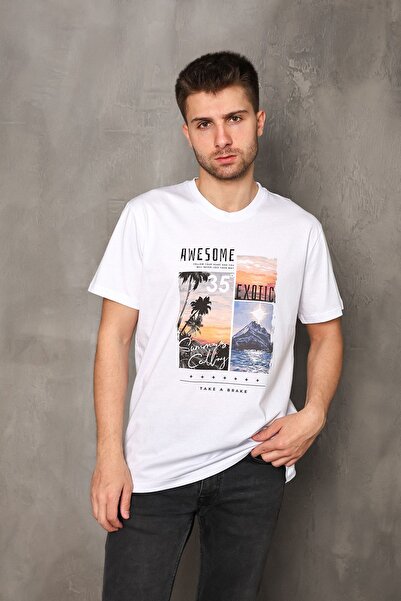 DK DAKSEL تي شيرت رجالي صيفي أساسي مطبوع باللون الأبيض Dks4434