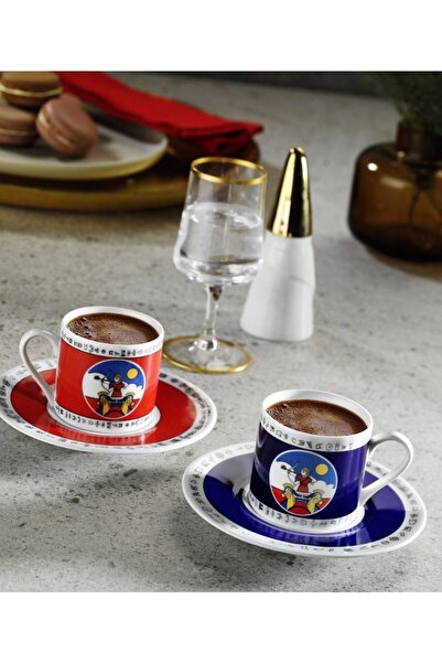 Luvilavant Kahve Fincanı 2’li Kırmızı Mavi Renkli Antik Çağ Anadolu Medeniyet...