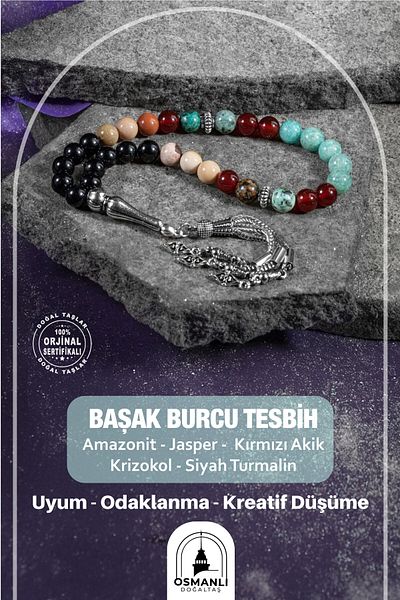 OSMANLI DOĞAL TAŞ Amazonite and Jasper Red Agate Black Tourmaline - Virgo Rosary